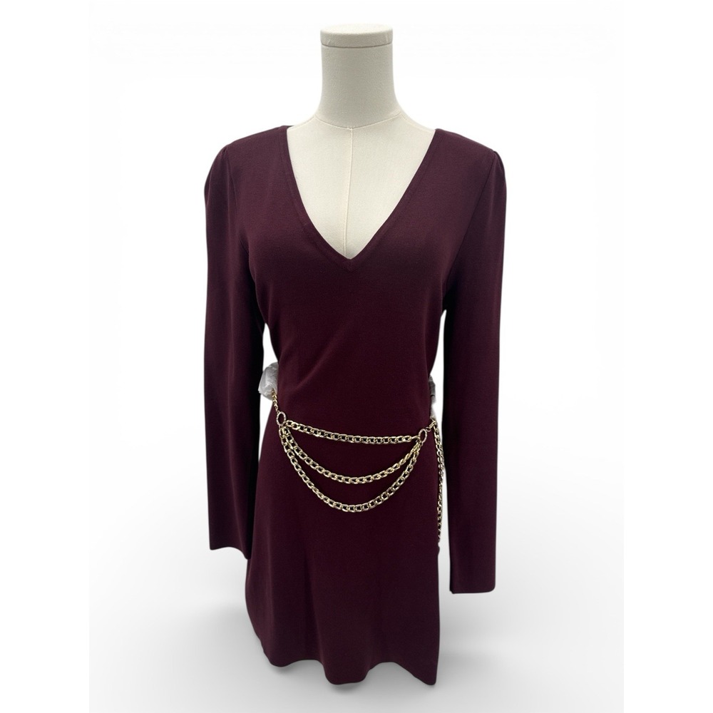 NWT INC International Concepts Sweater Dress‎ Womens Large Burgundy Knit Belted